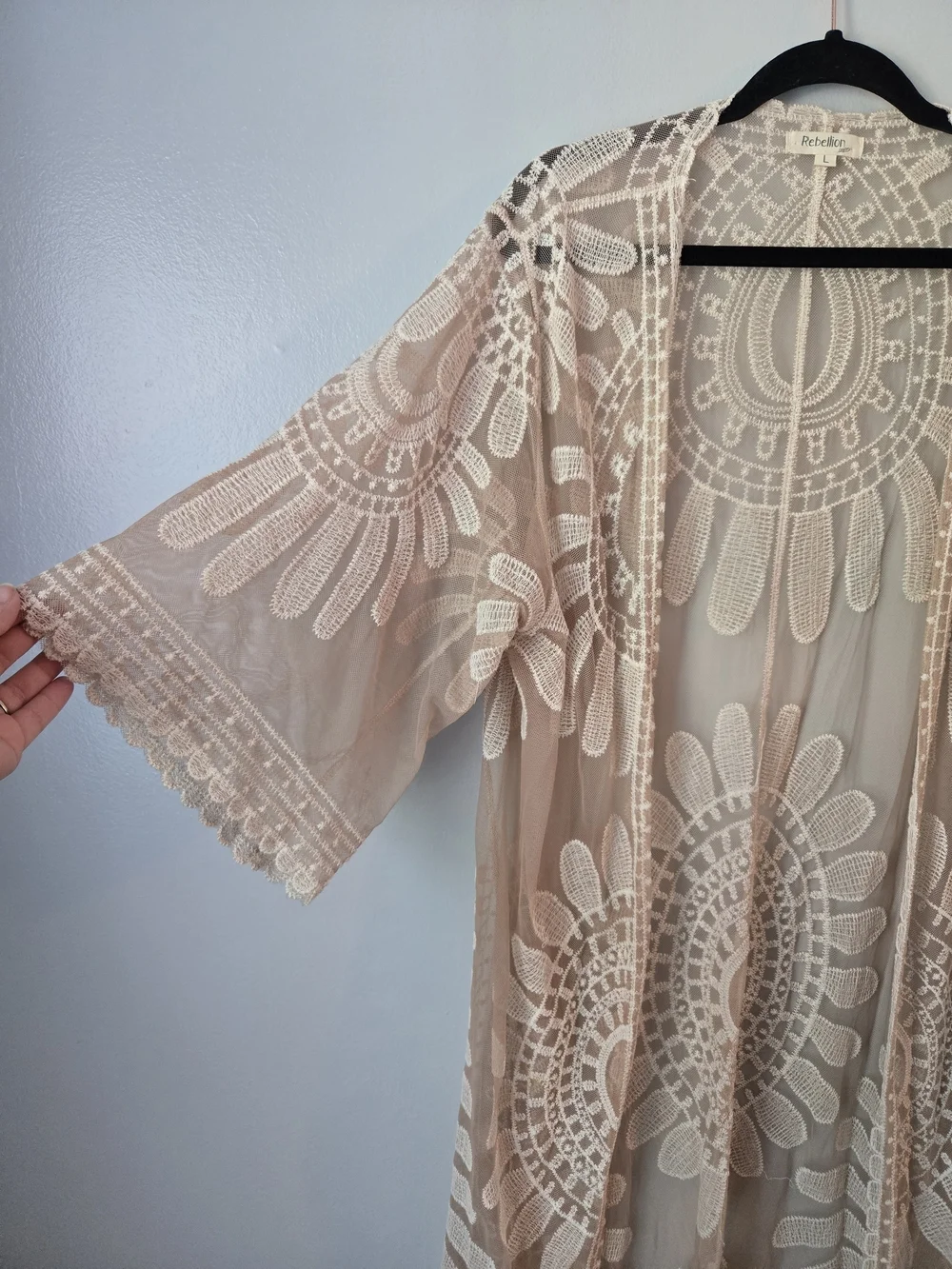 Rebellion Again Beige Lace Medallion Kimono Cardigan Duster Large Boho Sheer